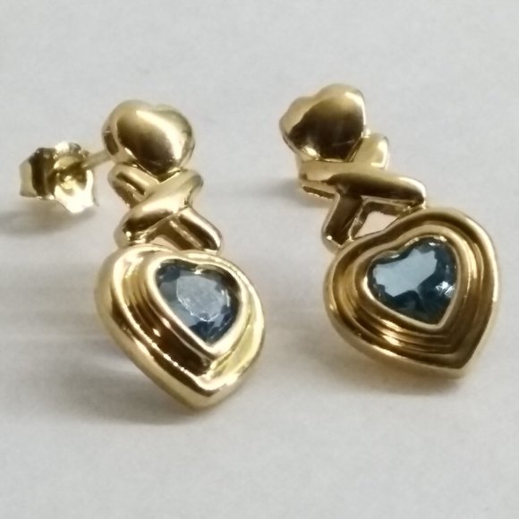 14k Yellow Gold Swiss Blue Topaz XOXO Earrings - Picture 2 of 6